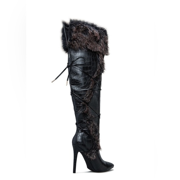 Shoedazzle Sheryl Faux Fur Stiletto Knee-High Heeled Boot - Picture 3 of 13